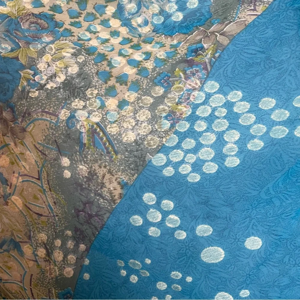 Long Floral Scarf‎ Dots Blue Textured Floaty Women 41x88 Art-to-Wear Boho Roses